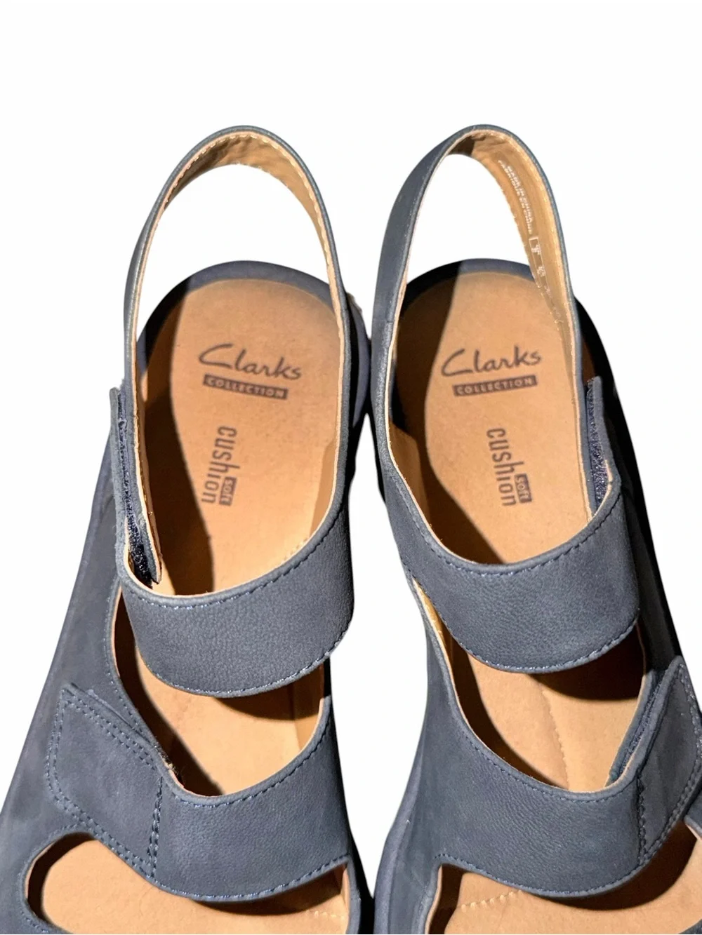 Clarks Reedly Juno Navy Nubuck Platform Wedge Comfort Soft Cushion Sandals 8.5